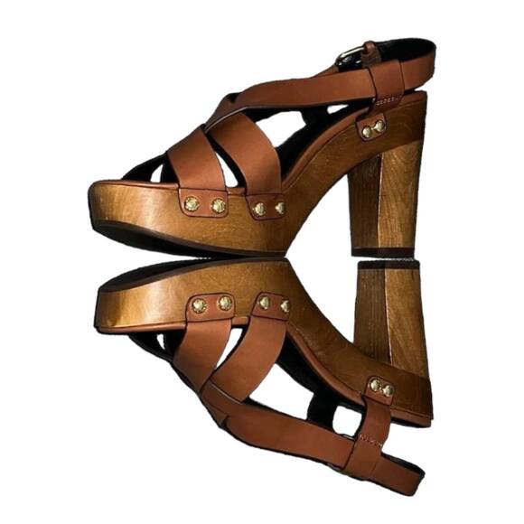 Coach Adessa Brown Leather Platform Heels Sandals Size 9 Slingback Studded - Picture 3 of 9
